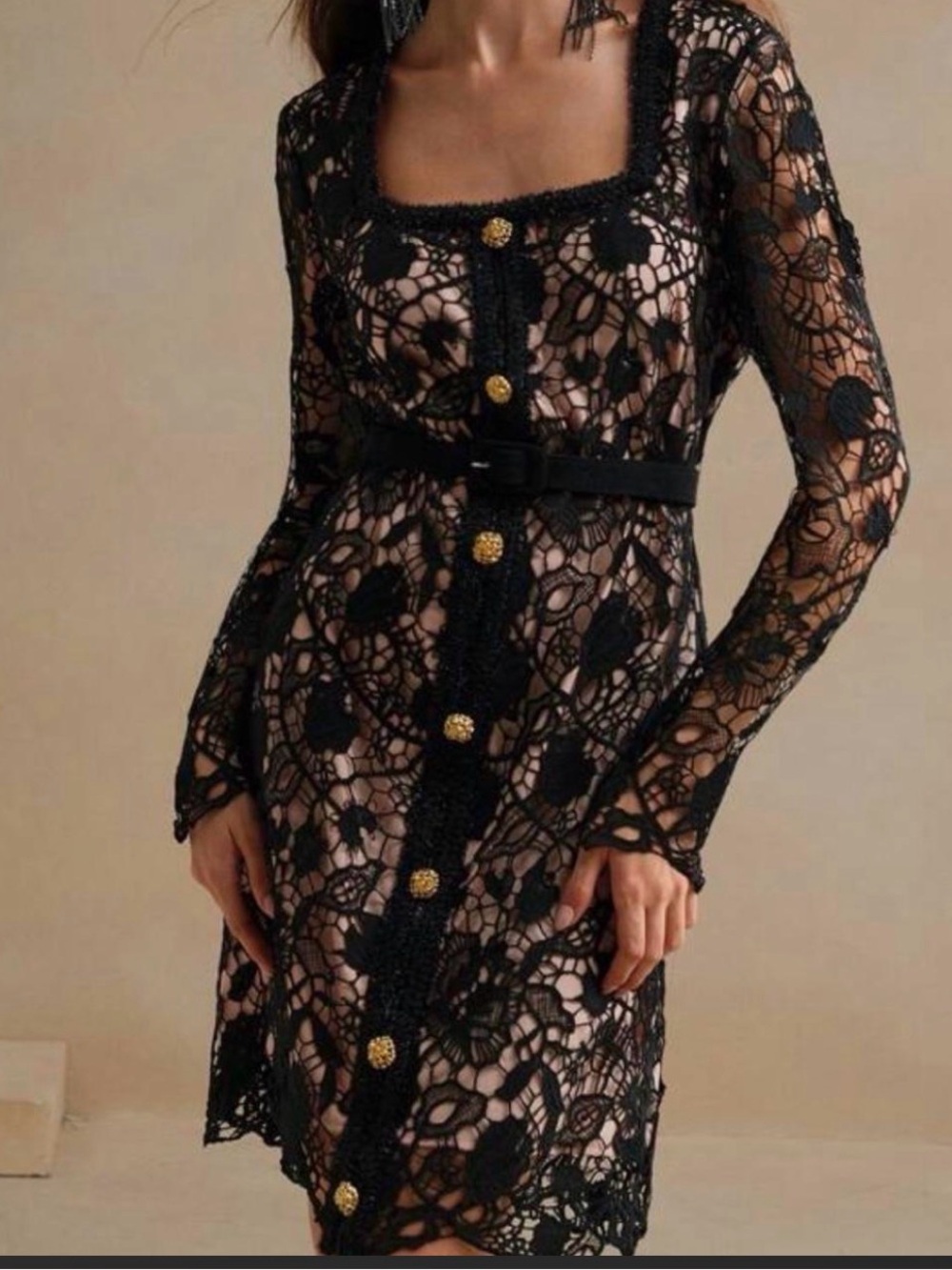Black Lace Long-Sleeve Midi Dress with Nude Lining and Gold Buttons
